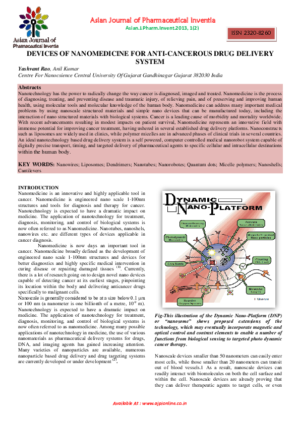 (PDF) DEVICES OF NANOMEDICINE FOR ANTI-CANCEROUS DRUG DELIVERY SYSTEM