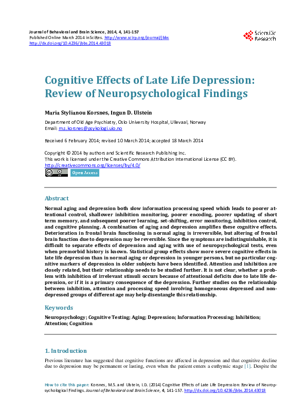 (PDF) Cognitive Effects of Late Life Depression: Review of ...