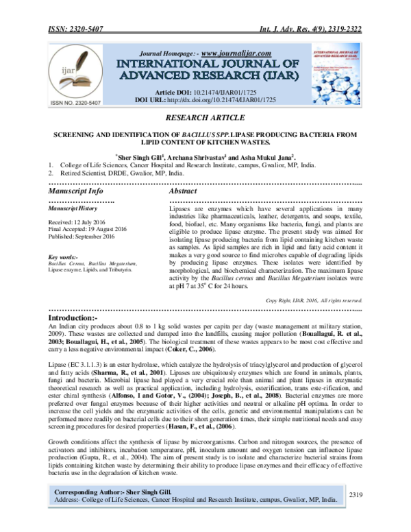 (PDF) SCREENING AND IDENTIFICATION OF BACILLUS SPP.LIPASE PRODUCING