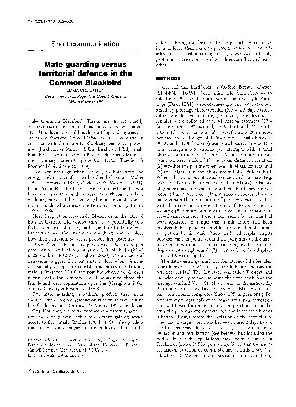 Pdf Mate Guarding Versus Territorial Defence In The Common Blackbird