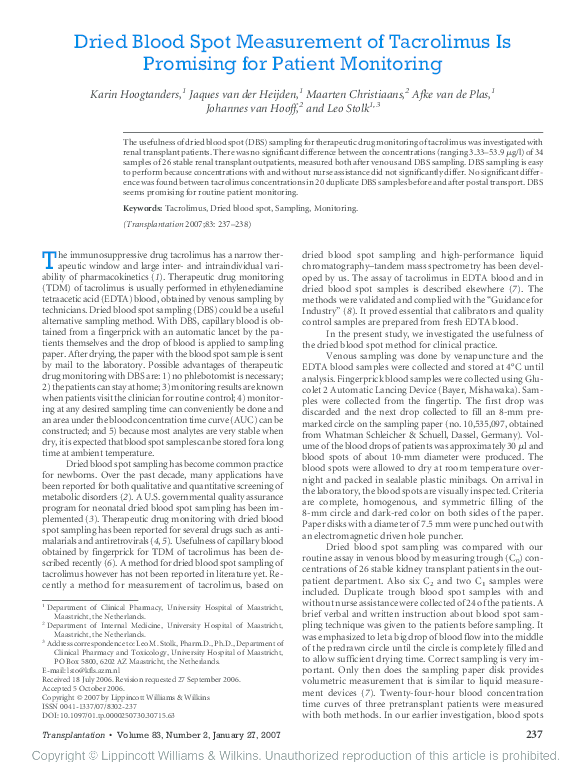 (PDF) Dried Blood Spot Measurement of Tacrolimus Is Promising for ...