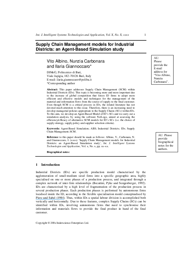 (PDF) Supply Chain Management models for Industrial Districts: an Agent ...