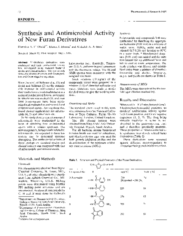 (PDF) Synthesis and Antimicrobial Activity of New Furan Derivatives