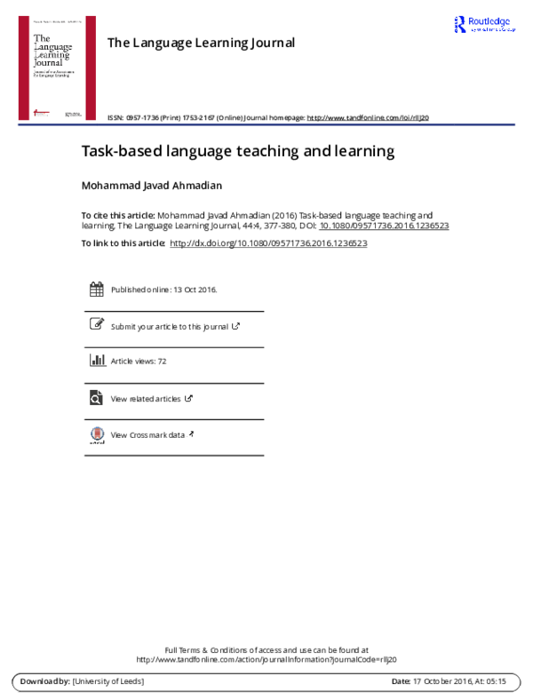 (PDF) The Language Learning Journal special issue on TBLT/L (Routledge ...