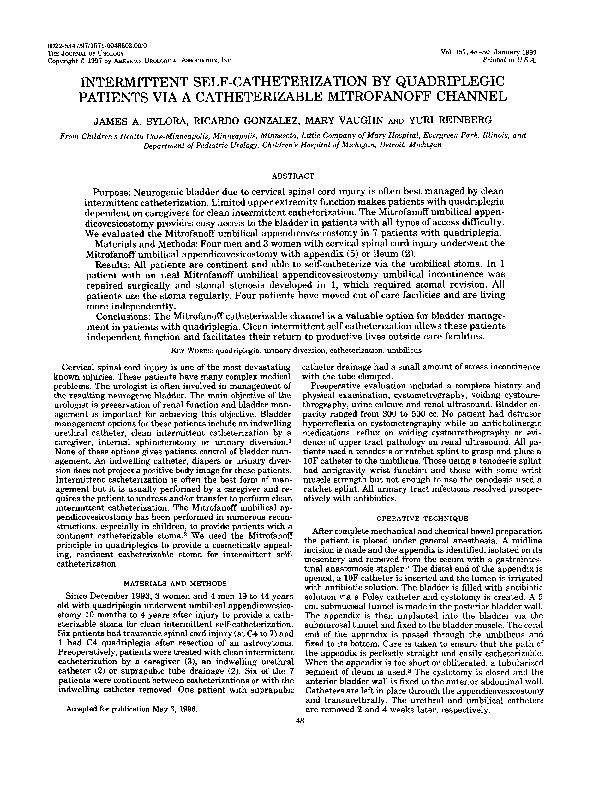 (PDF) Intermittent SelfCatheterization by Quadriplegic Patients Via a