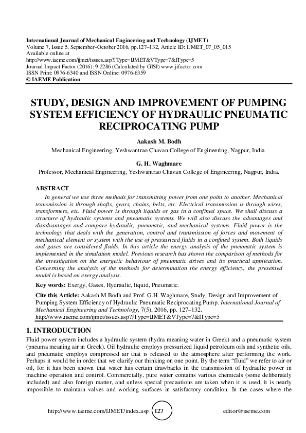 (PDF) STUDY, DESIGN AND IMPROVEMENT OF PUMPING SYSTEM EFFICIENCY OF