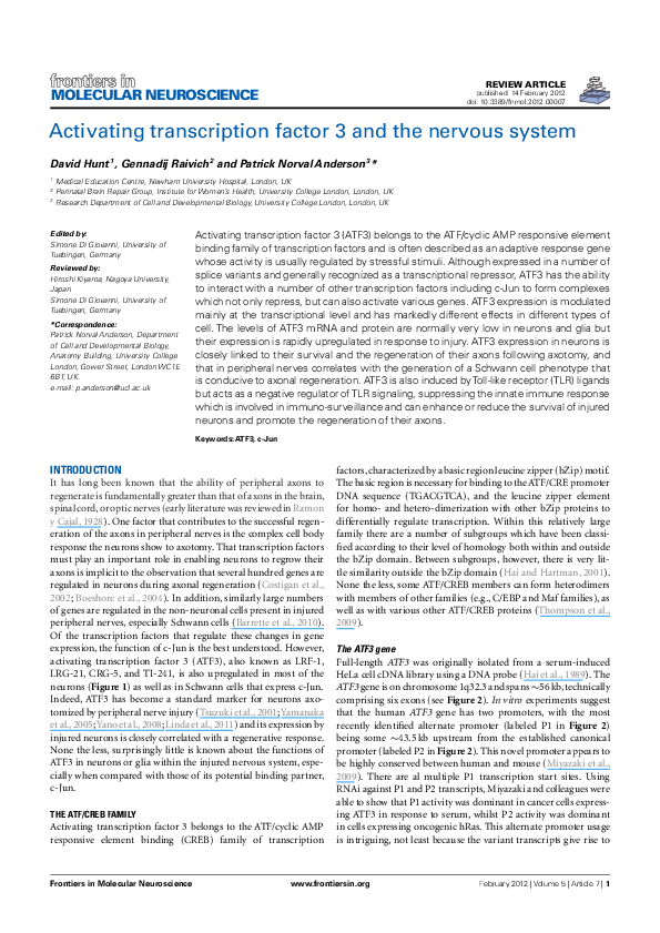 (PDF) Activating transcription factor 3 and the nervous system