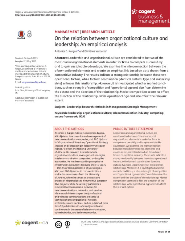 (PDF) On the relation between organizational culture and leadership: An ...