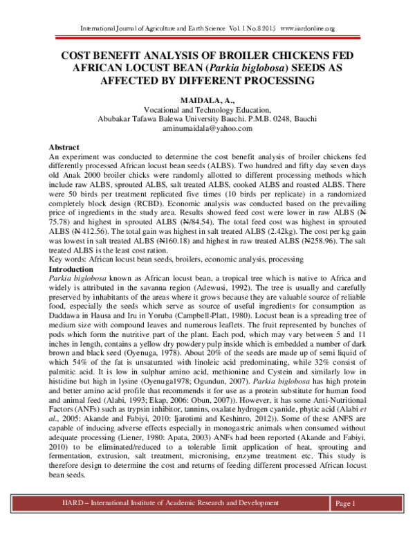 (PDF) COST BENEFIT ANALYSIS OF BROILER CHICKENS FED AFRICAN LOCUST BEAN ...