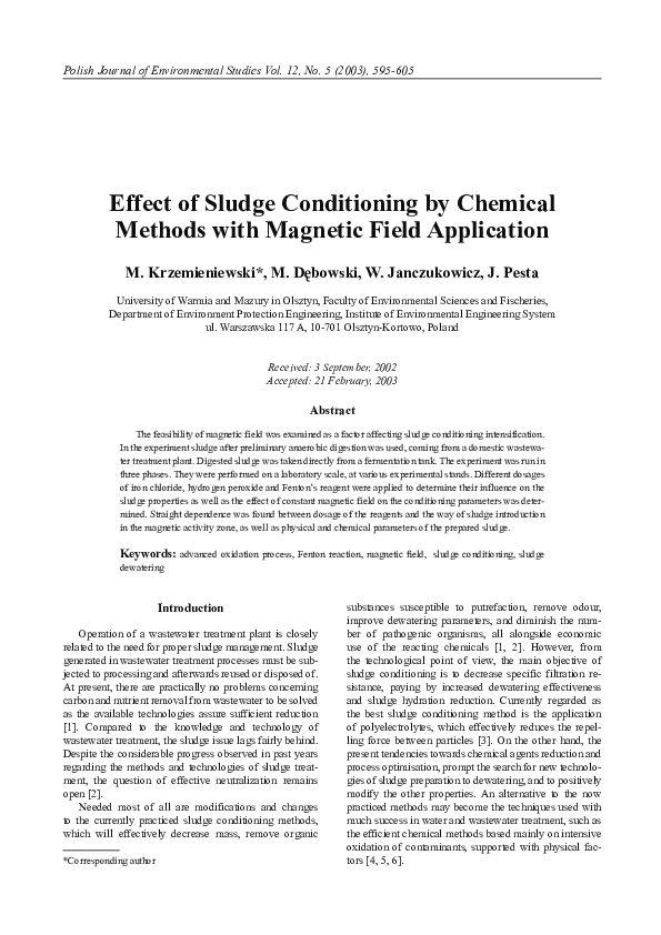 (PDF) Effect of Sludge Conditioning by Chemical Methods with Magnetic ...