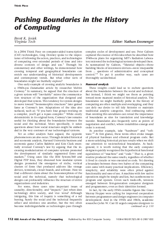 (PDF) Pushing Boundaries in the History of Computing