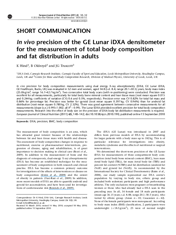 (PDF) In vivo precision of the GE Lunar iDXA densitometer for the ...