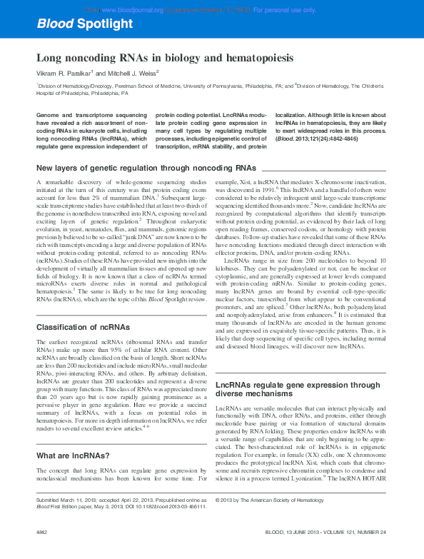 (PDF) Long noncoding RNAs in biology and hematopoiesis