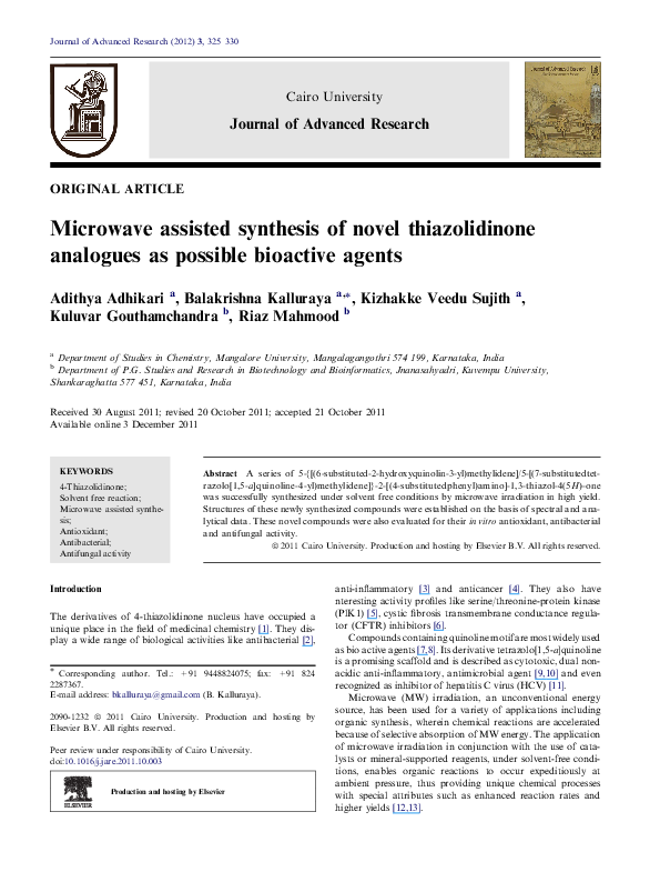 (PDF) Microwave-assisted Synthesis of Novel Thiazolocarbazoles and ...