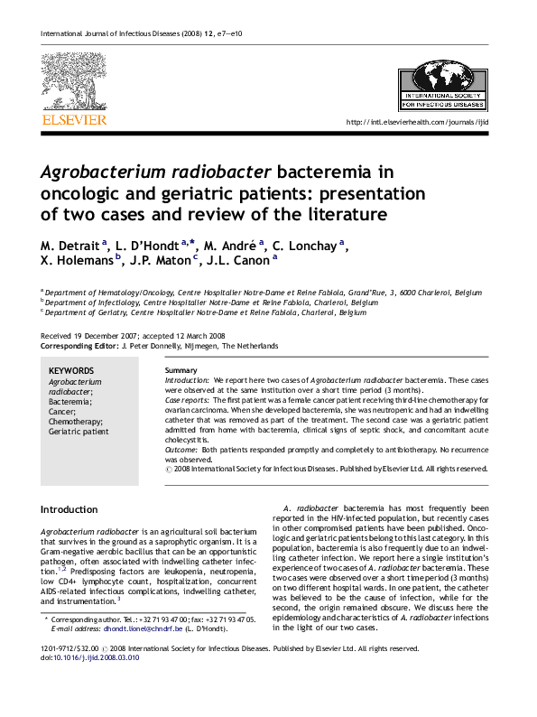 (PDF) Agrobacterium radiobacter bacteremia in oncologic and geriatric ...