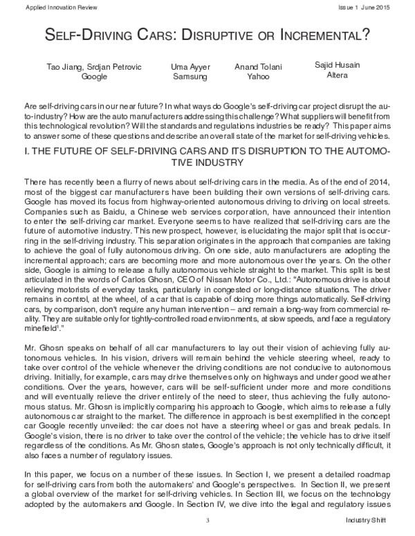 (PDF) I. THE FUTURE OF SELFDRIVING CARS AND ITS DISRUPTION TO THE