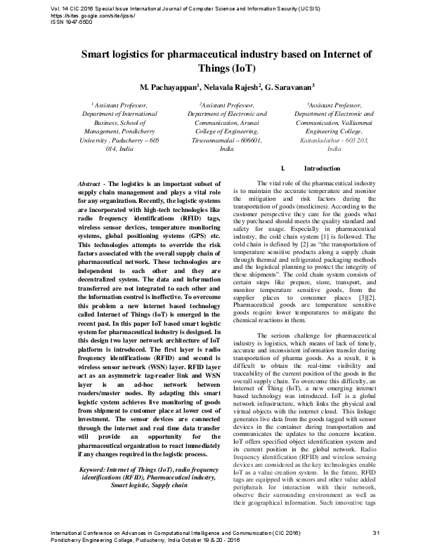 (PDF) Smart logistics for pharmaceutical industry based on Internet of ...