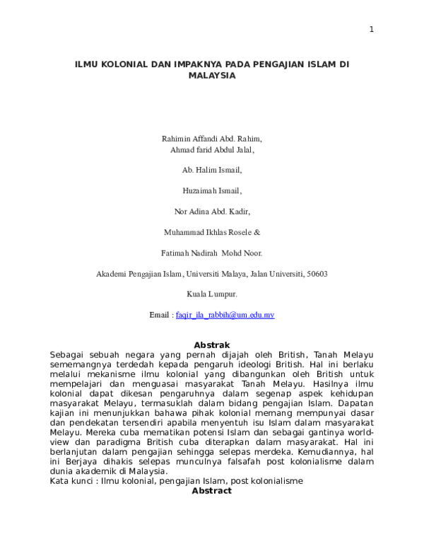 (DOC) ILMU KOLONIAL DAN IMPAKNYA PADA PENGAJIAN ISLAM DI
