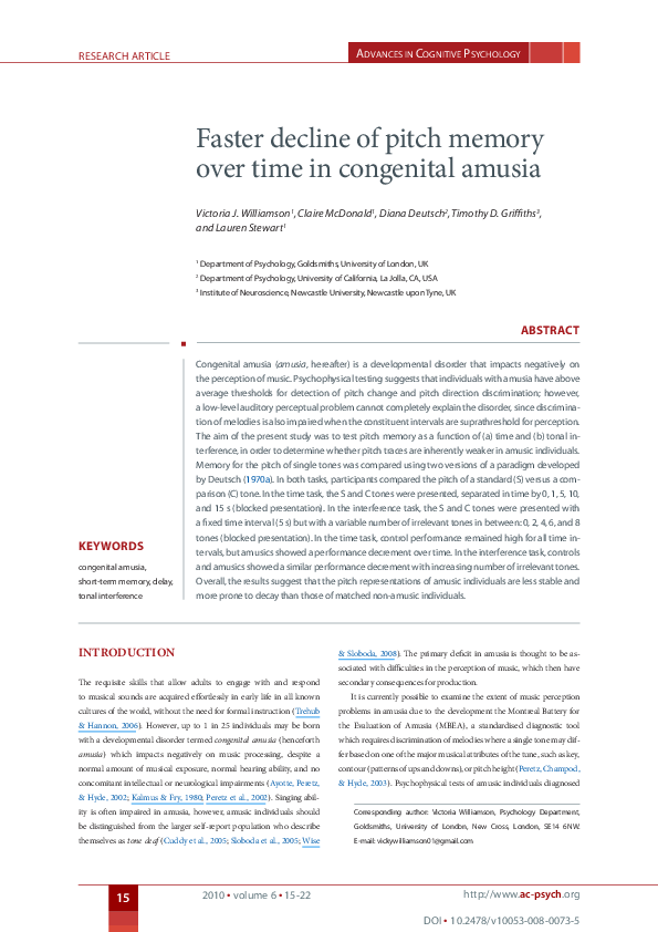 (PDF) Faster decline of pitch memory over time in congenital amusia