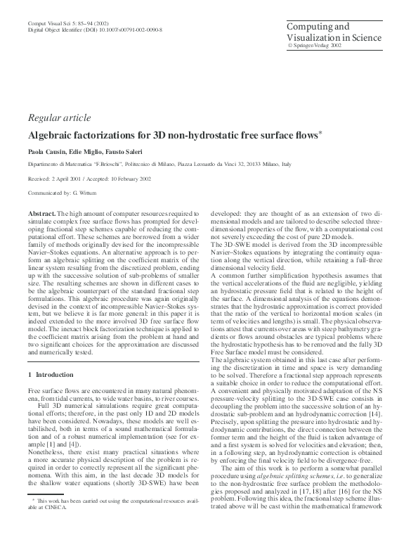 (PDF) Algebraic factorizations for 3D non-hydrostatic free surface flows