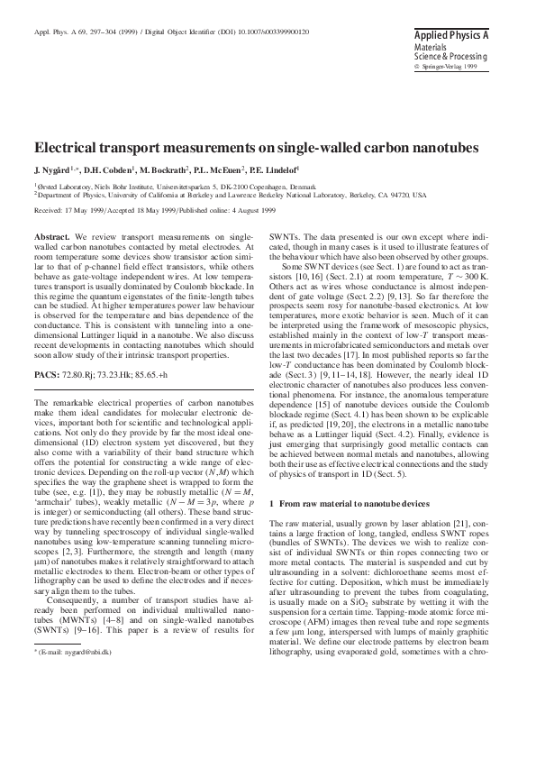 (PDF) Electrical transport measurements on single-walled carbon nanotubes