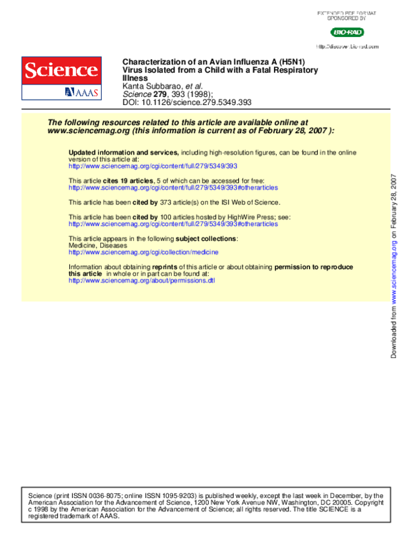 (PDF) Characterization of an Avian Influenza A (H5N1) Virus Isolated from