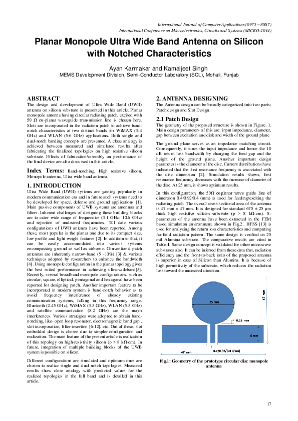 (PDF) Planar Monopole Ultra Wide Band Antenna on Silicon with Notched