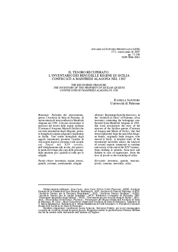 (PDF) Il tesoro recuperato. L'inventario dei beni delle regine di