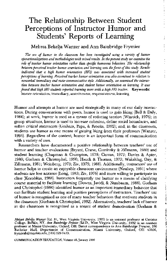 (PDF) The relationship between student perceptions of instructor humor ...
