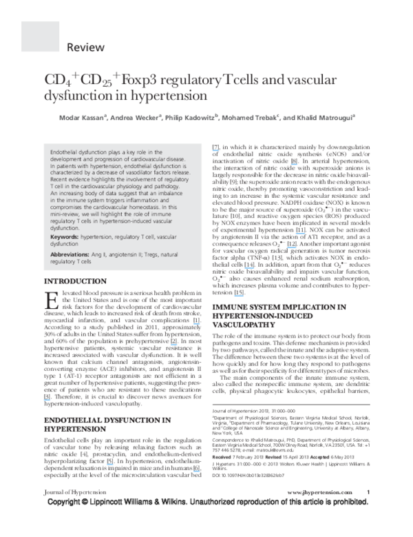 (PDF) CD4+CD25+Foxp3 regulatory T cells and vascular dysfunction in ...