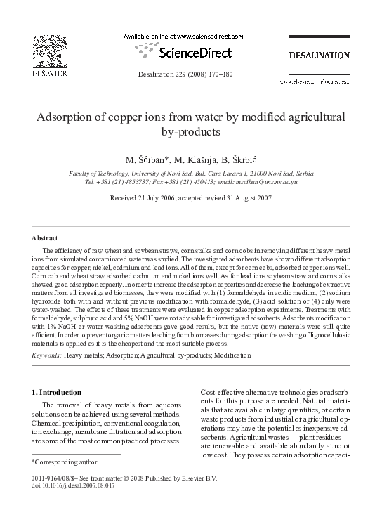 (PDF) Adsorption of copper ions from water by modified agricultural by ...