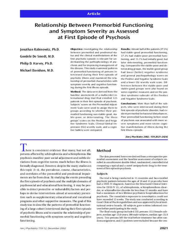 (PDF) Relationship Between Premorbid Functioning and Symptom Severity ...