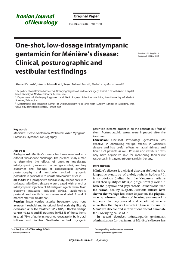 (PDF) Intratympanic gentamicin therapy for intractable Ménière's