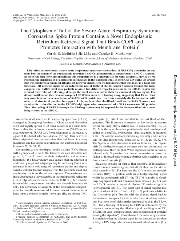 (PDF) The Cytoplasmic Tail of the Severe Acute Respiratory Syndrome ...