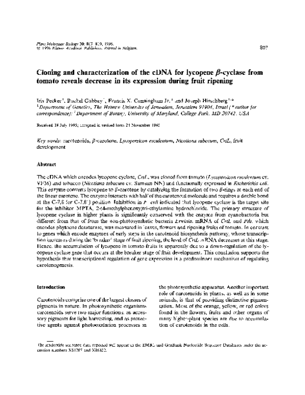 (PDF) Cloning and characterization of the cDNA for lycopene ?-cyclase ...