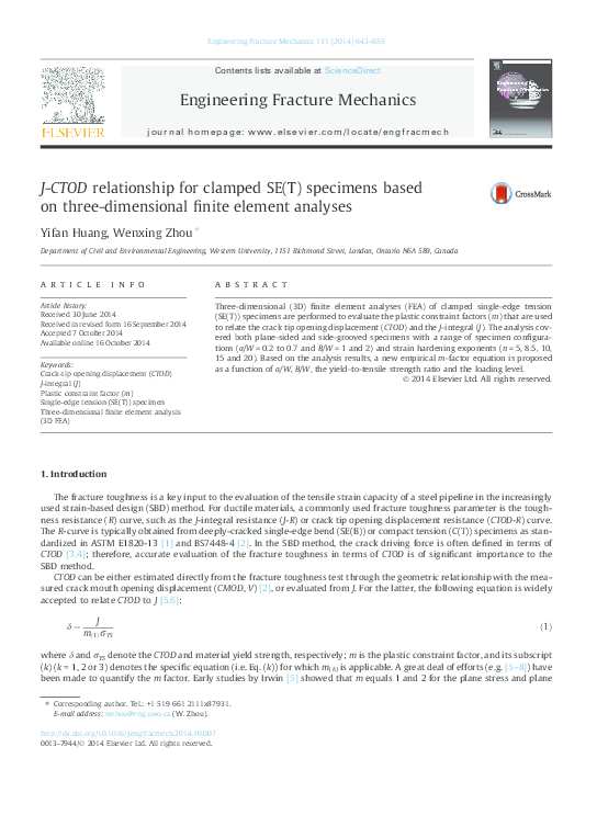 (PDF) J - CTOD relationship for clamped SE(T) specimens based on three ...