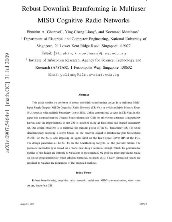 (PDF) Robust downlink beamforming in multiuser MISO Cognitive Radio ...