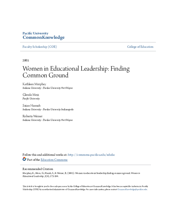 (PDF) Women in Educational Leadership: Finding Common Ground
