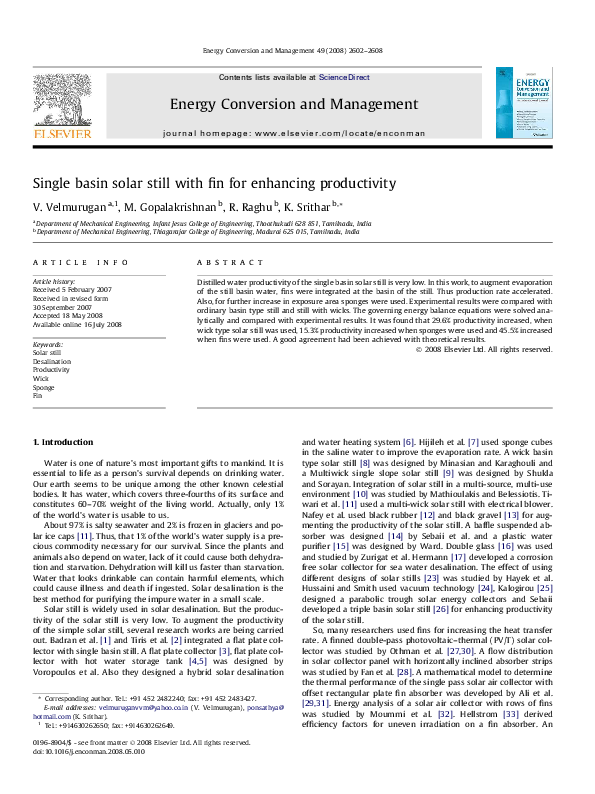 (PDF) Single basin solar still with fin for enhancing productivity