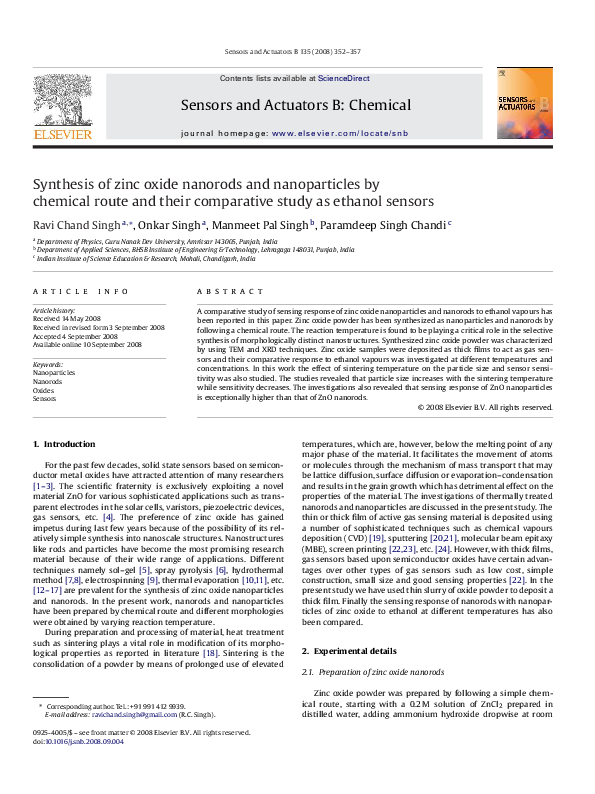 (PDF) Synthesis of zinc oxide nanorods and nanoparticles by chemical