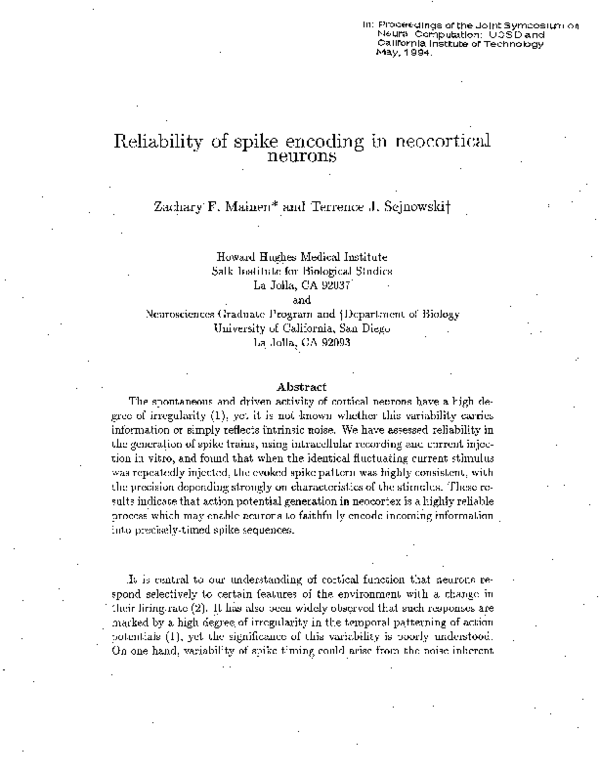(PDF) Reliability of spike encoding in neocortical neurons