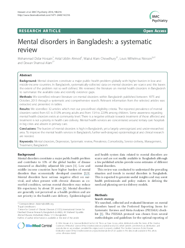 (PDF) Mental disorders in Bangladesh a systematic review Louis W