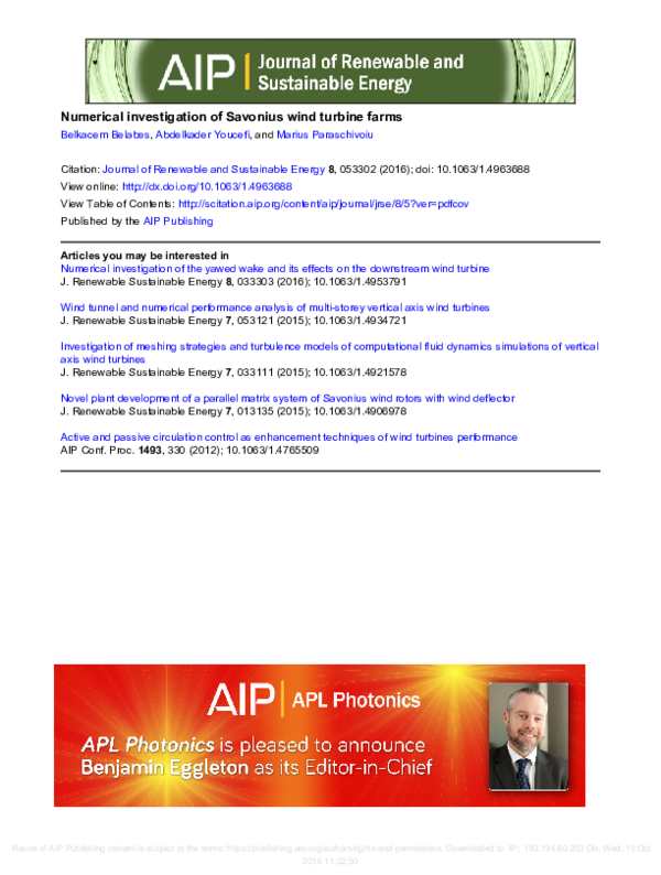 (PDF) Numerical investigation of Savonius wind turbine farms | BELABES ...