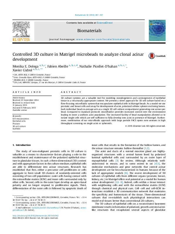 (PDF) Controlled 3D culture in Matrigel microbeads to analyze clonal ...