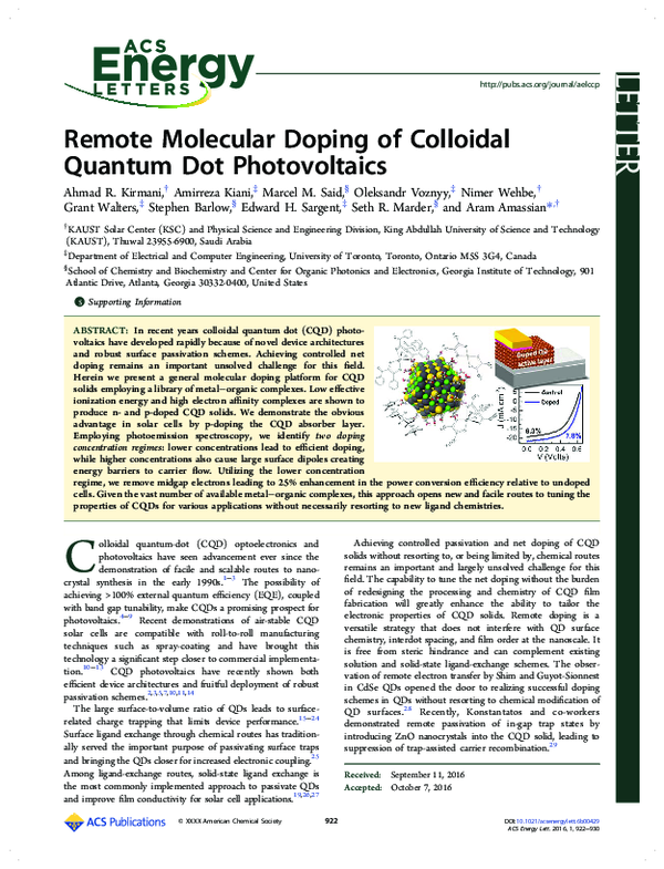 (PDF) Remote Molecular Doping of Colloidal Quantum Dot Photovoltaics