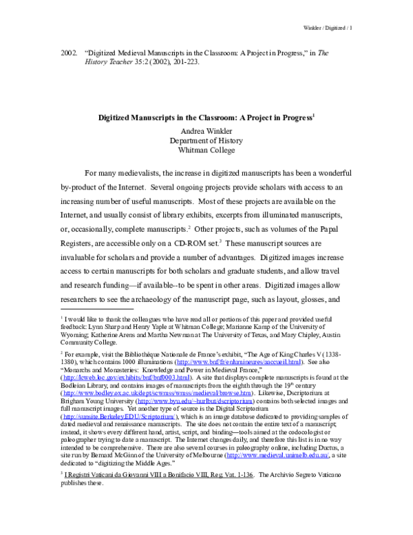 (DOC) Digitized Manuscripts in the Classroom: A Project in Progress 1