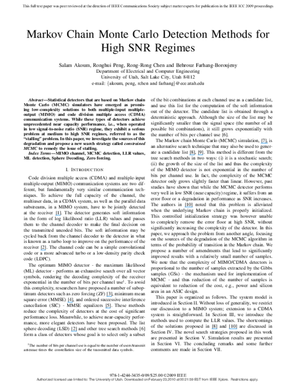 (PDF) Markov Chain Monte Carlo Detection Methods for High SNR Regime