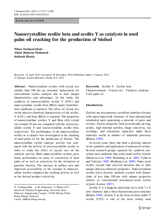 (PDF) Nanocrystalline zeolite beta and zeolite Y as catalysts in used ...