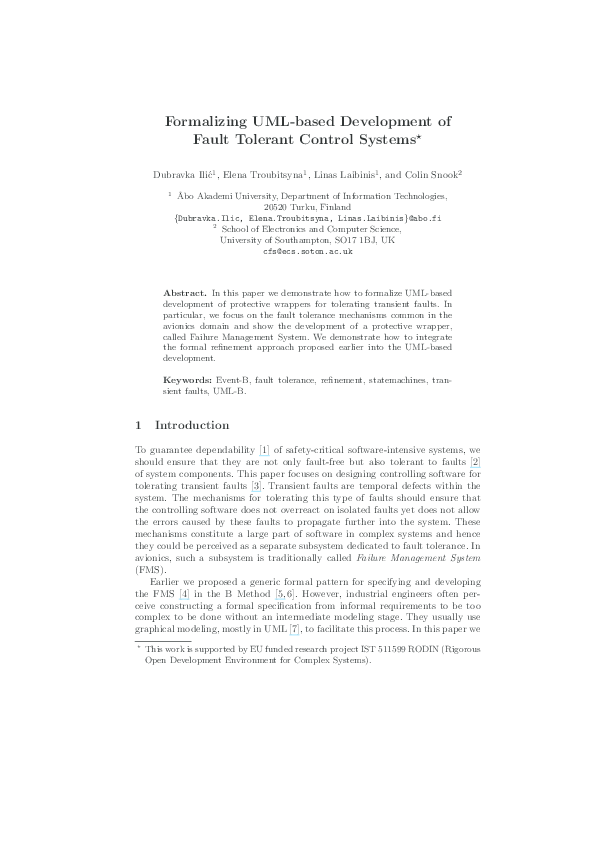 Pdf Formalizing Uml Based Development Of Fault Tolerant Control Systems Dubravka Ilic Academia Edu