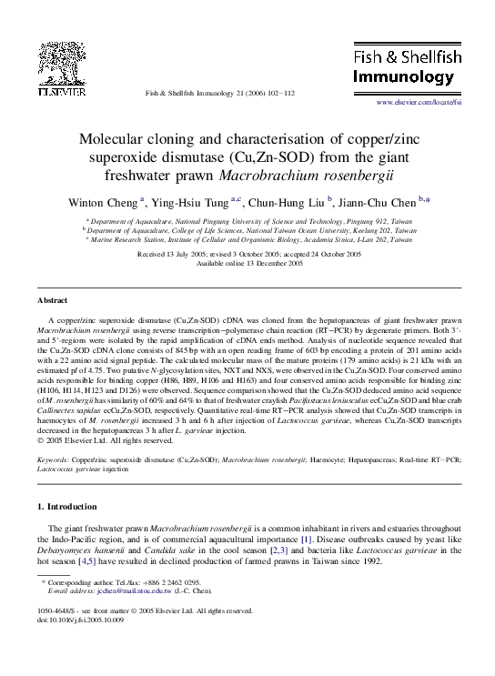 (PDF) Molecular cloning and characterisation of copper/zinc superoxide ...